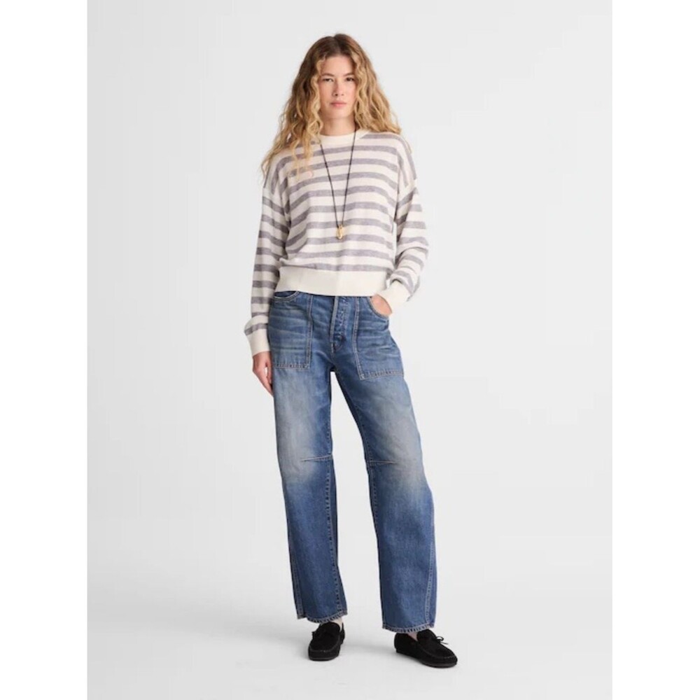 Madewell Crewneck Sweater in Cashmere XL Ivory Heather Gray Stripe Relaxed Fit - Picture 2 of 11